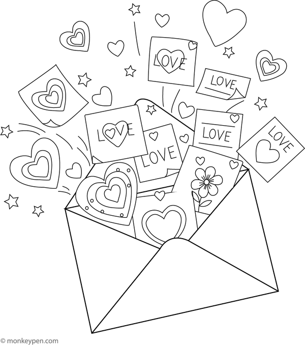 Printable Envelope Full of Hearts Coloring Image for Kids