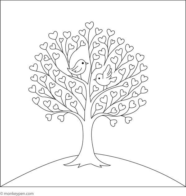 Free Printable Love Tree with Heart Shaped Leaves Coloring Image for Kids