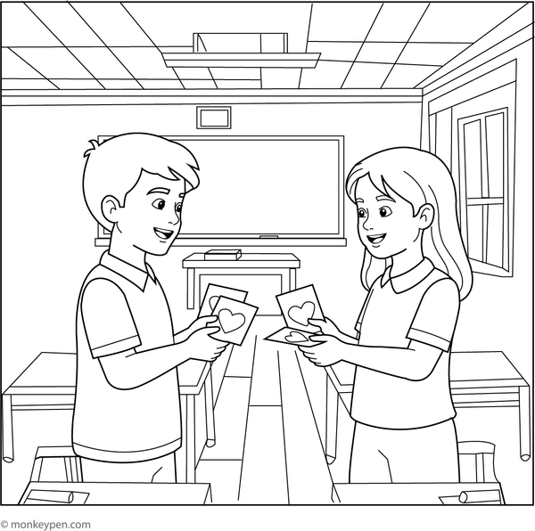 Free Printable Two Children Exchanging Valentine Cards at School Coloring Sheet for Kids