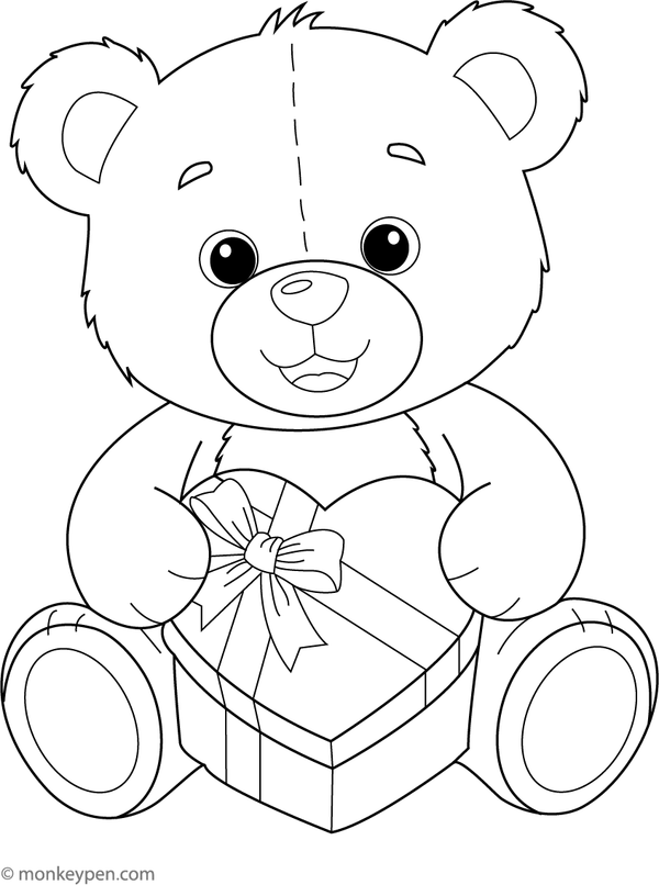 Free Printable Teddy Bear with a Heart-Shaped Gift Box Coloring Image for Kids