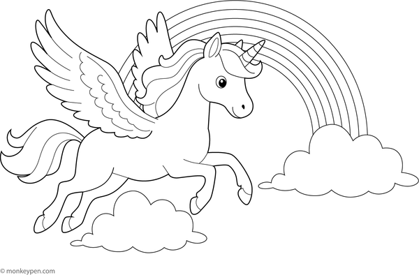 Printable Pegasus Soaring Through a Rainbow Coloring Sheet for Kids