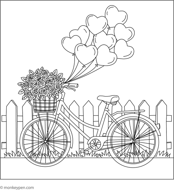 Free Printable Heart-Shaped Balloons Tied to a Bicycle Coloring Sheet for Kids