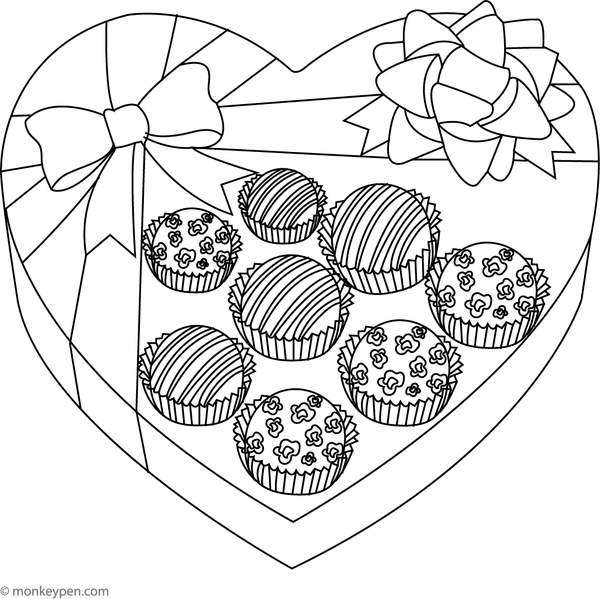 Free Printable Box of Chocolates Coloring Image for Children