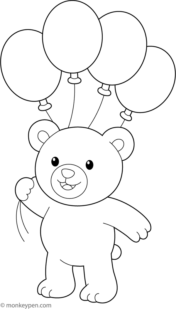 Teddy bear in a balloon basket floating among clouds in the sky.