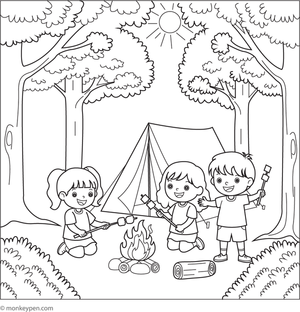 Free Printable Camping in Summer Forest Coloring Picture