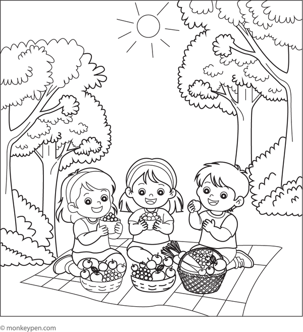 Free Printable Kids Enjoying Summer Fruit Coloring Sheet for Children