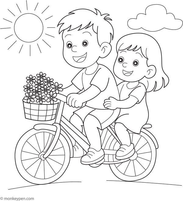 Free Printable Bicycle with Flowers in Basket Coloring Page for kids