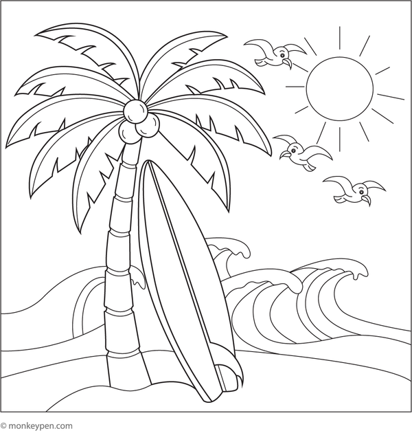 Free Printable Surfboard and Palm Trees Coloring Picture