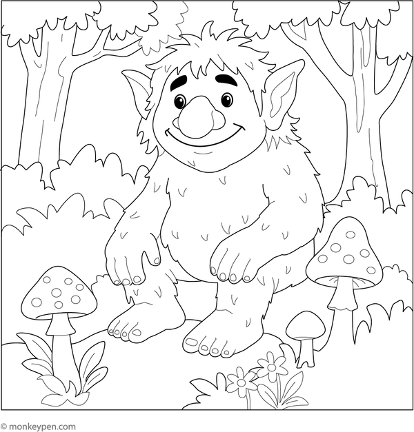 Friendly forest troll among colorful mushrooms, ready to be colored in a magical woodland scene.