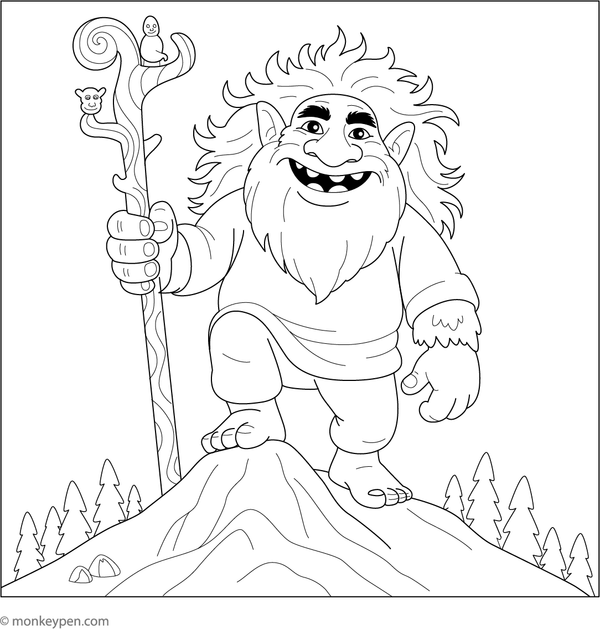 Troll standing on a mountain peak overlooking the landscape, ready to be colored.
