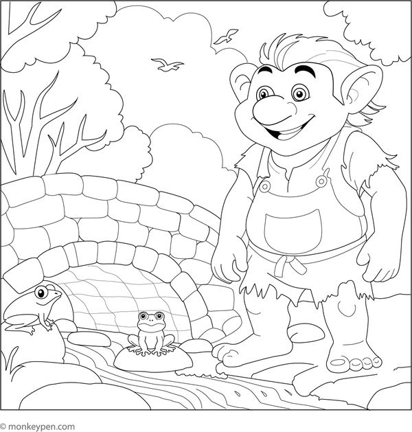 A troll sitting beneath a bridge with frogs hopping nearby, ready to be coloured by children.
