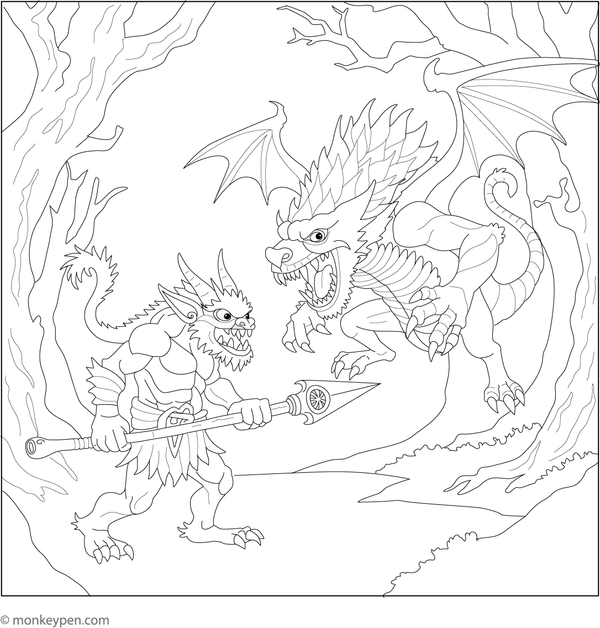 A brave troll confronting a giant beast in a forest, prepared to be coloured.