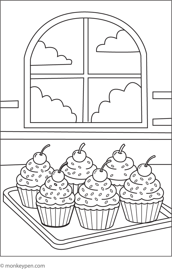 Tray of assorted cupcakes with colorful icing and sprinkles, ready to be colored.