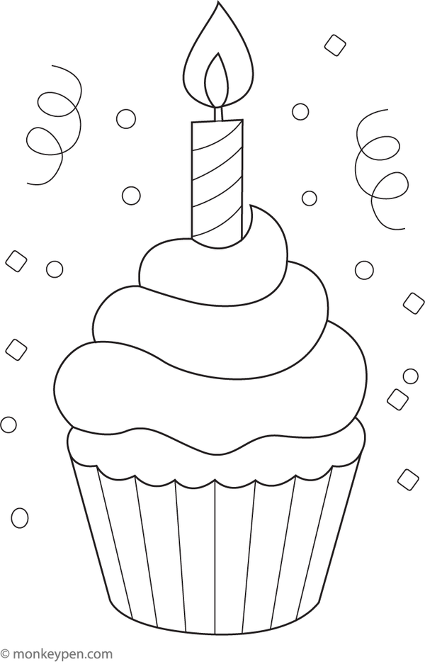Cupcake with a lit candle for a birthday celebration, designed for children to color.