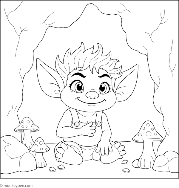 A troll inside a cave adorned with glowing crystals, ready to be coloured.