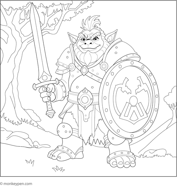 A troll warrior in armor, ready for battle, suitable for coloring.