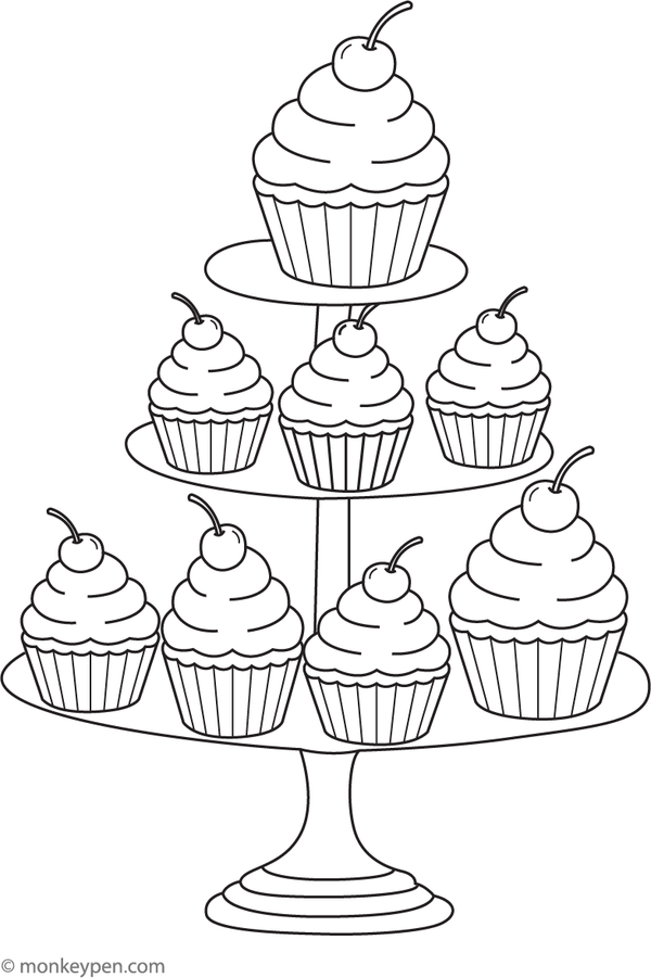 Stacked cupcakes with decorative icing, ready to be colored.