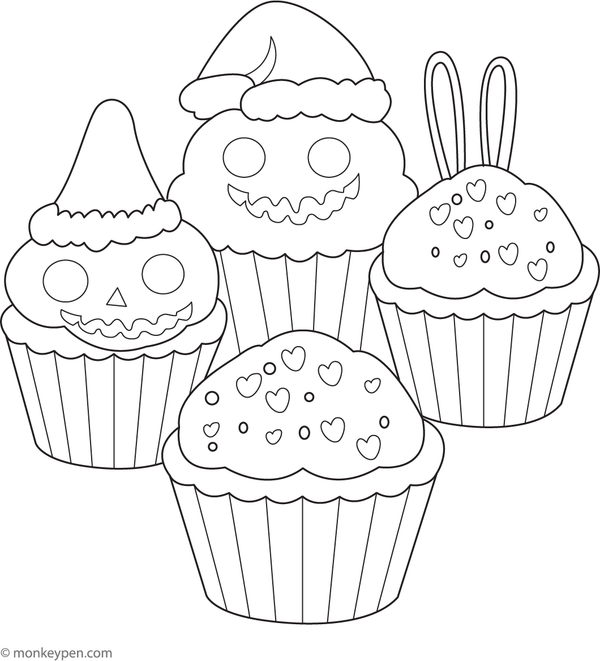 Holiday-themed cupcakes decorated with seasonal motifs, suitable for children to color.