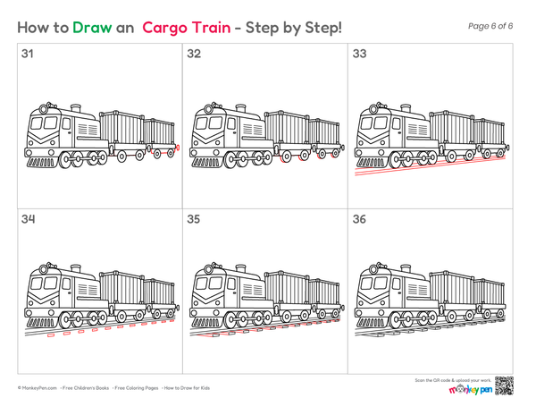 A step-by-step drawing guide page titled 'How to Draw an Cargo Train - Step by Step!' showing six numbered panels from 31 to 36, each illustrating the progression of drawing a cartoon cargo train with a locomotive and boxcars.