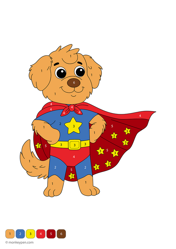 Free downloadable color-by-number worksheet featuring a superhero dog with a cape and mask, standing in a heroic pose—helps kids practice number recognition and enjoy imaginative coloring fun.