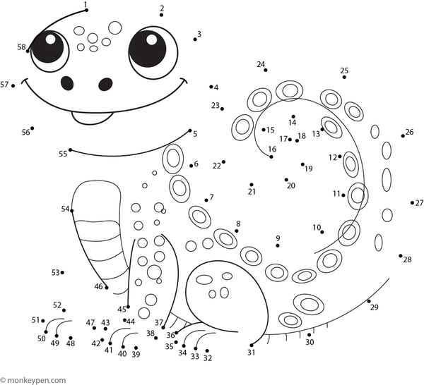 Worksheet with dots that form a cartoon lizard with a long tail for connecting and coloring.