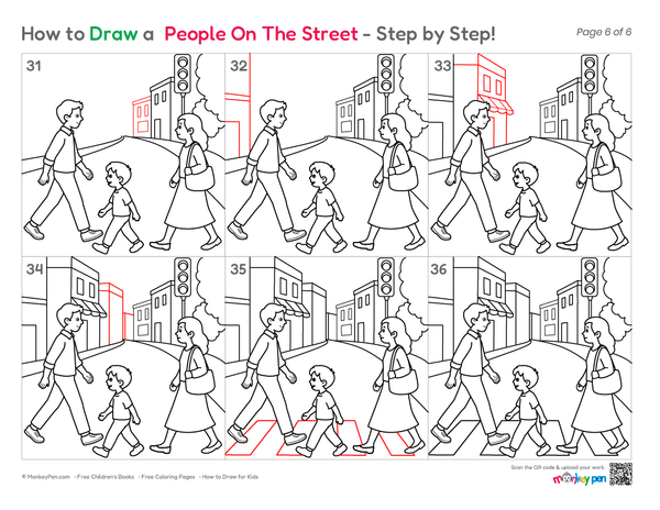 Beginner-friendly people on a street drawing.
