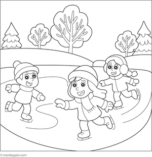 Printable  Frozen Lake with Skaters Coloring Picture