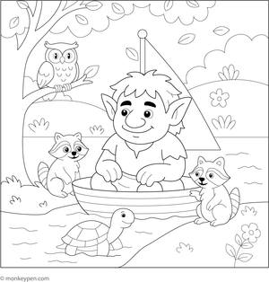 A troll with friends in a joyful forest scene, ready for coloring.