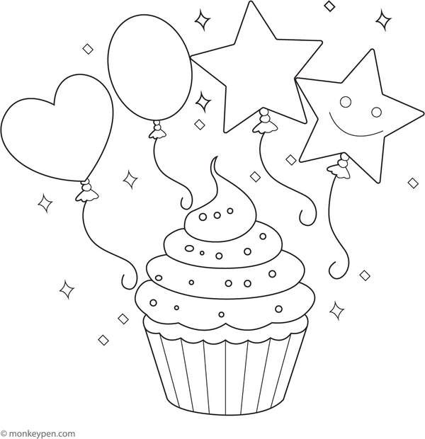 Cupcakes surrounded by balloons at a celebration, filled with festive decorations, ready for children to color.