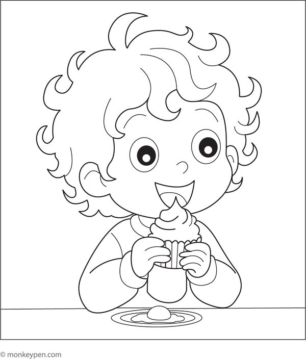 Child with icing on face eating a cupcake, perfect for children to color and enjoy.