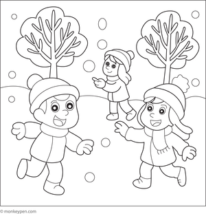 Free Printable  Kids Playing with Snowballs in the Park Coloring Image For Kids