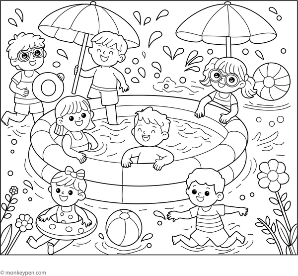 Kids in Inflated Pool Coloring Page