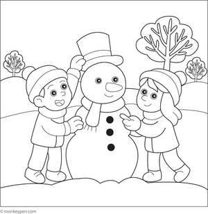Kids Building Snowman Coloring Image for Children