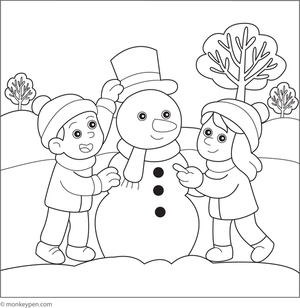 Kids Building Snowman Coloring Image for Children