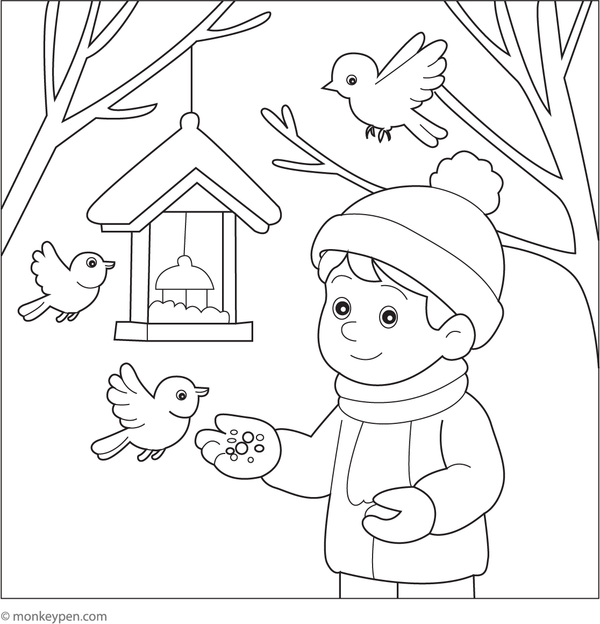 Printabl Kid Feeding Birds in Winter Coloring Image for Children