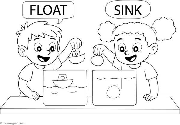 Two children conducting a floating versus sinking experiment with objects in water, ready for coloring.