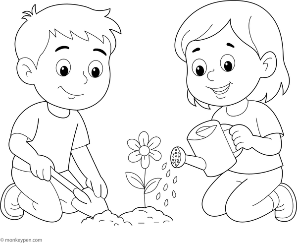 Two children planting a flower in the soil, surrounded by nature, ready for coloring.