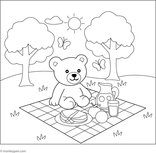 Teddy bear sitting on a picnic blanket with food, ready to be colored.