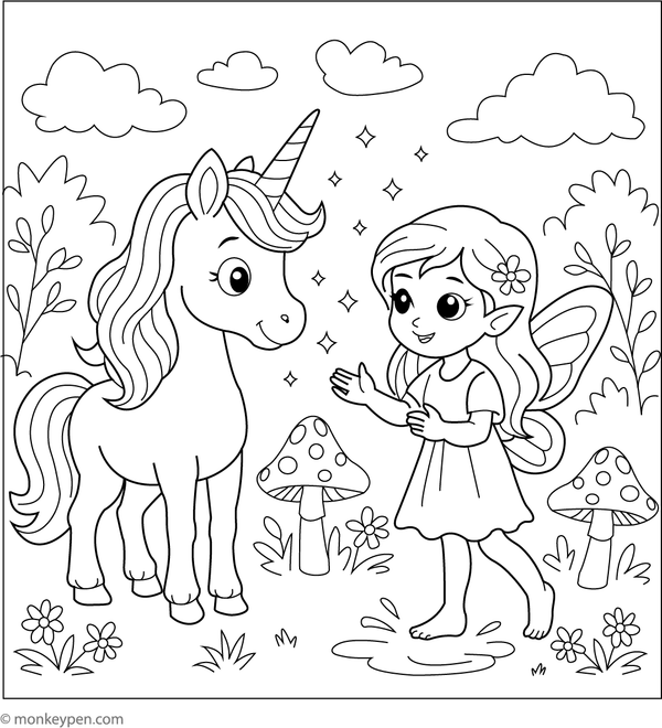 Free printabe Unicorn Meeting a Fairy Friend Coloring image for kids
