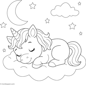 Printable Unicorn Sleeping on a Cloud Coloring Page