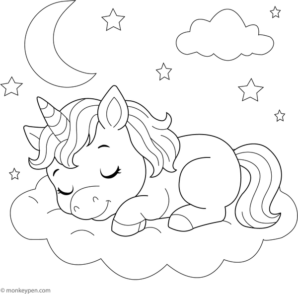 Printable Unicorn Sleeping on a Cloud Coloring Page