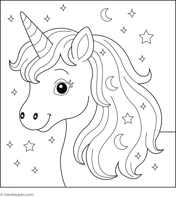 Printable Unicorn with a Starry Mane Coloring Image for kids