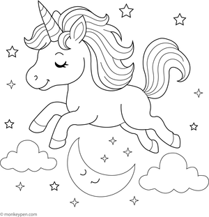 Free printable Unicorn Jumping Over the Moon Coloring picture