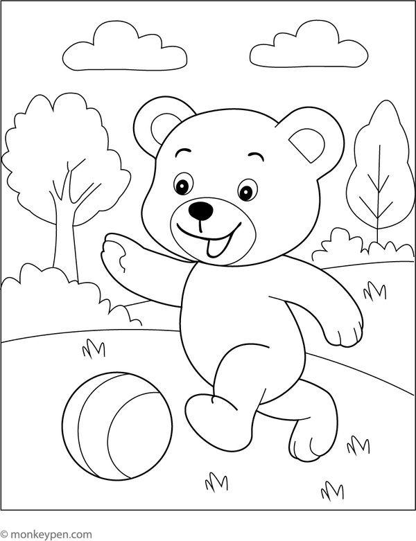 Teddy bear in a park setting with trees, swings, and grass, prepared for coloring.