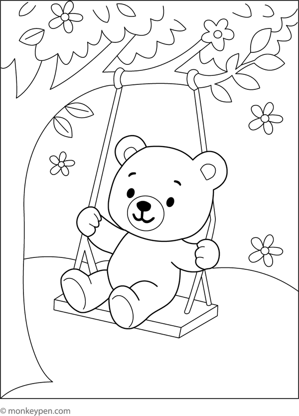 Teddy bear swinging in a tree, surrounded by branches and foliage, ready for coloring.