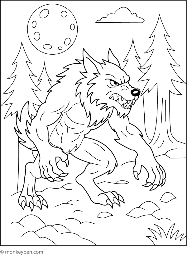 Werewolf walking through a dark forest, surrounded by trees and shadows, awaiting colouring.