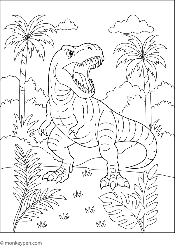 Printable Tyrannosaurus Rex Roaring in the Jungle Coloring Sheet for kids