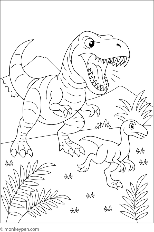 Pritable Tyrannosaurus Chasing Prey Coloring Picture for Children