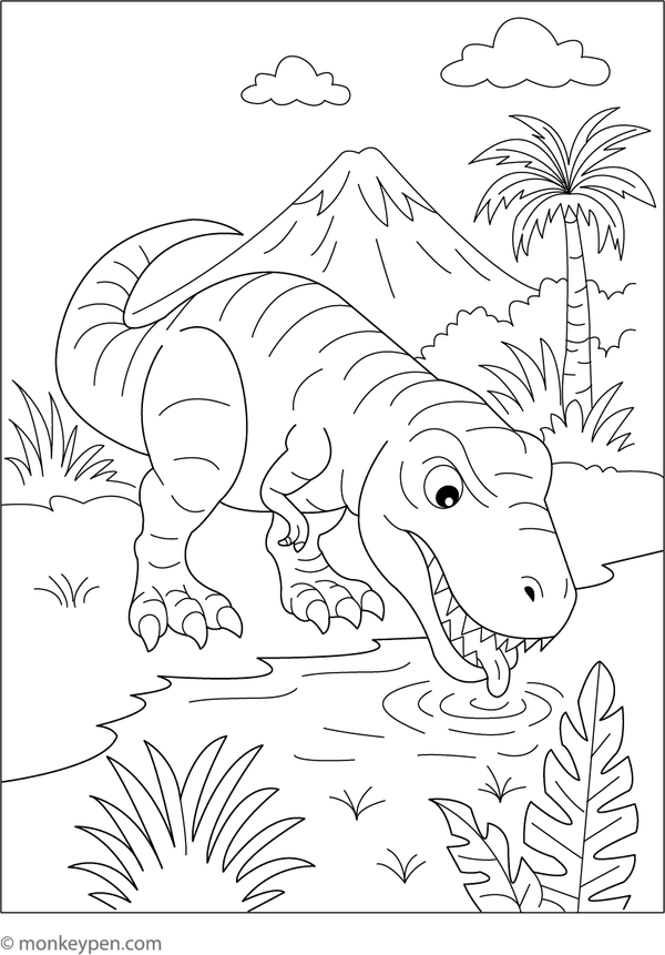 Free Printable Tyrannosaurus Drinking from a Lake Coloring Image for Kids