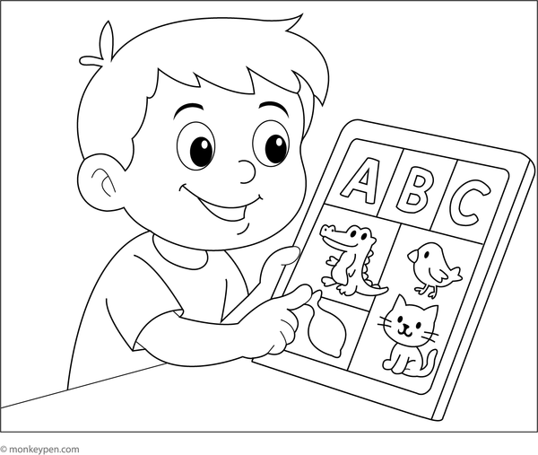 Child using an educational tablet, involved in a learning activity, ready for colouring.